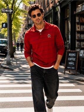 Vintage Tommy Hilfiger Crest Rugby Polo Red Striped Long Sleeve Men’s Large Y2K